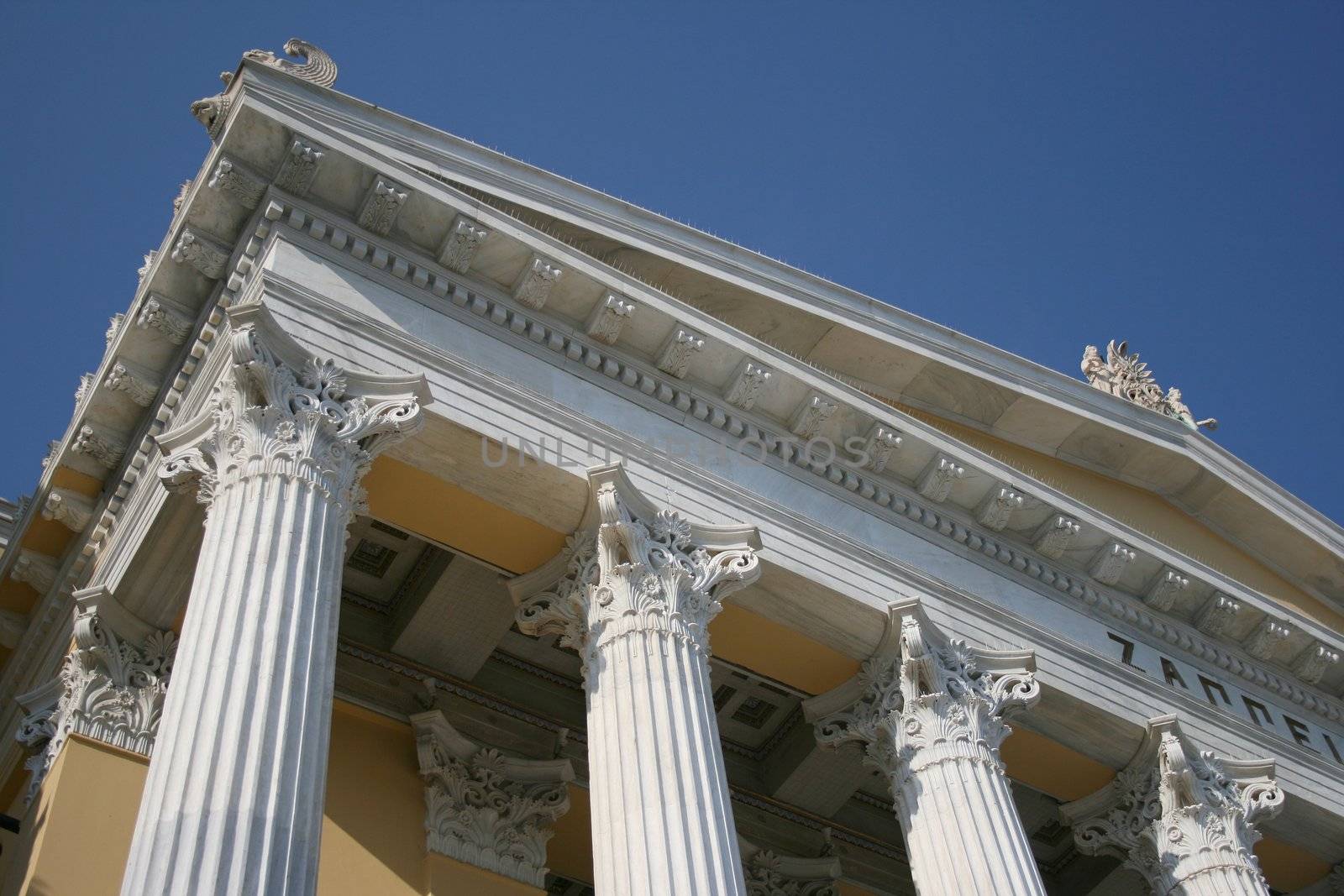 roof detail and pillars from zapeion building landmarks of athens greece