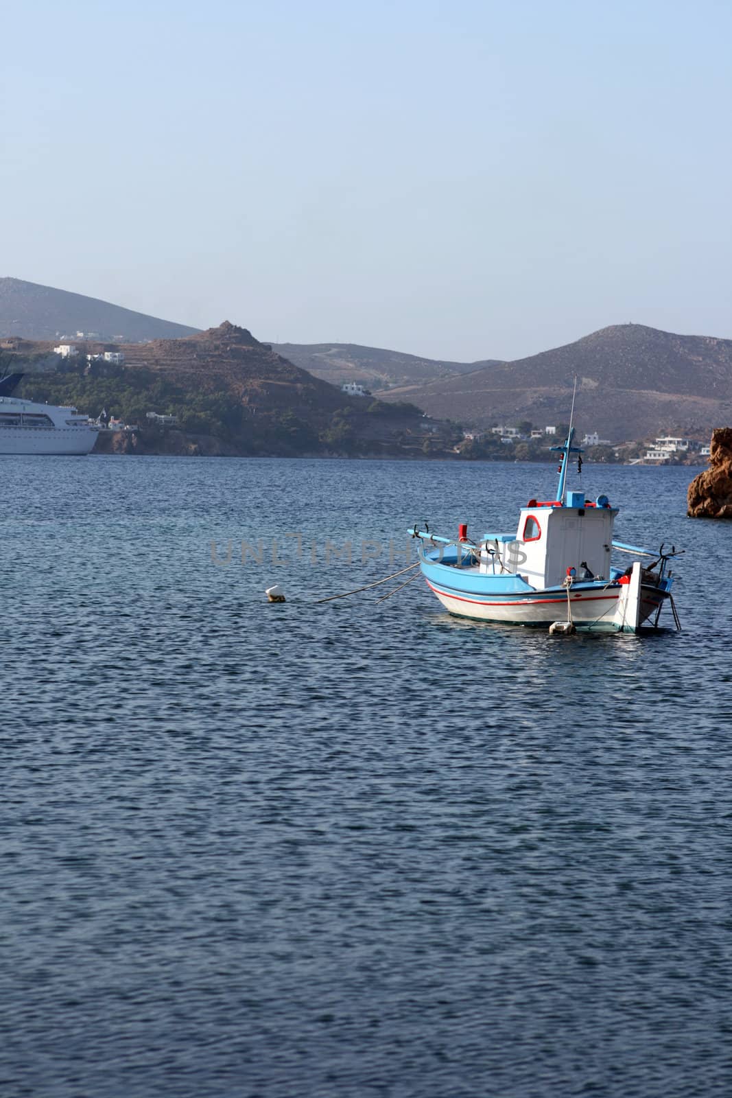 small traditional wooden fishing boat patmos island dodecanese greece