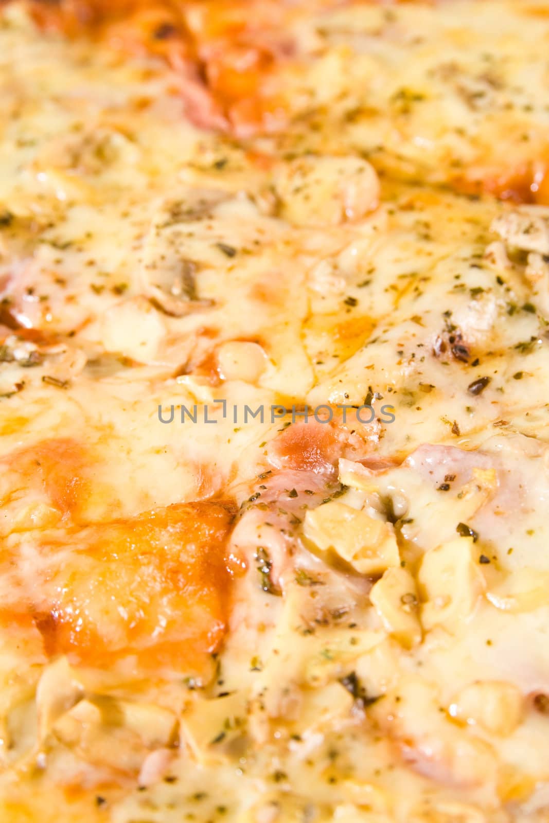 Close up of freshly baked mushroom pizza.