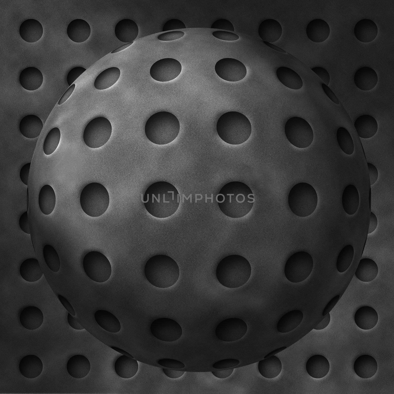 Escher-like black and white illustration of abstract metal balls with holes. Structures resemble iron wiffle balls.
