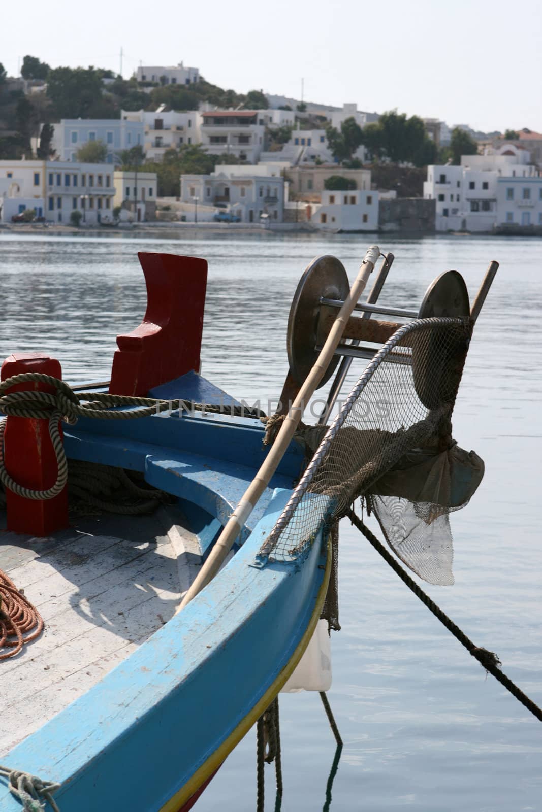 detail from fishing boat front with buildings background leros island dodecanece greece