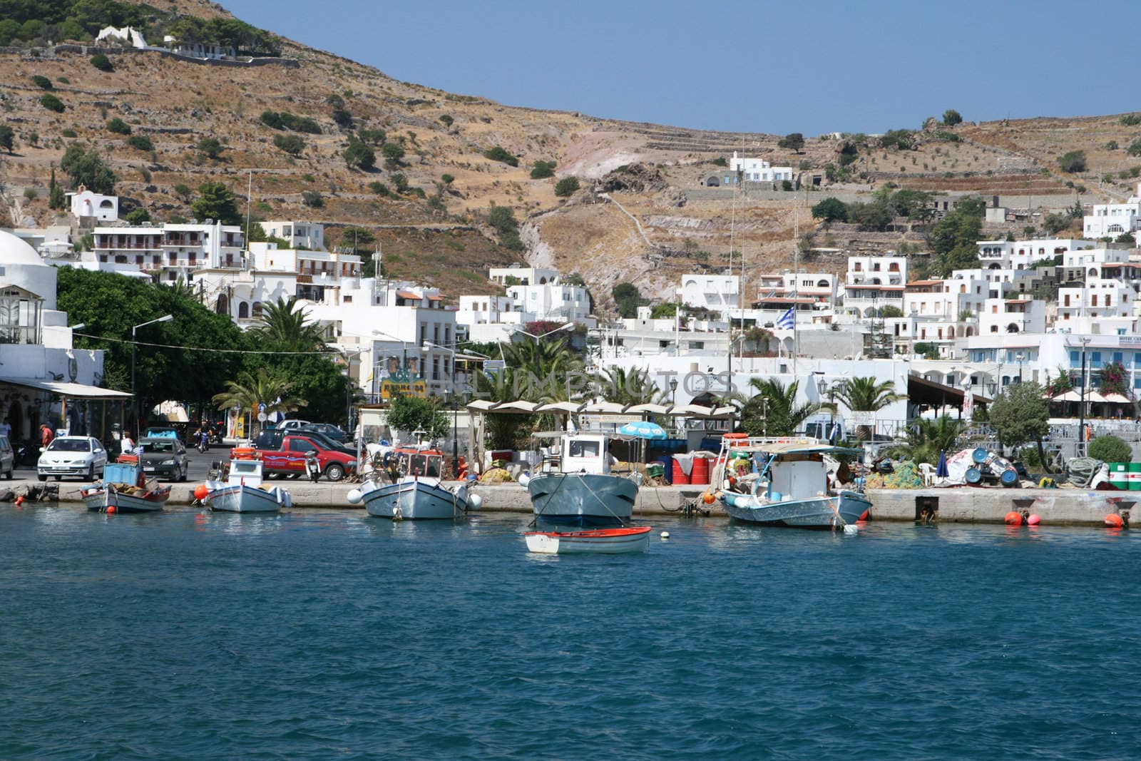 different size of boats view of skala patmos island dodecanese greece