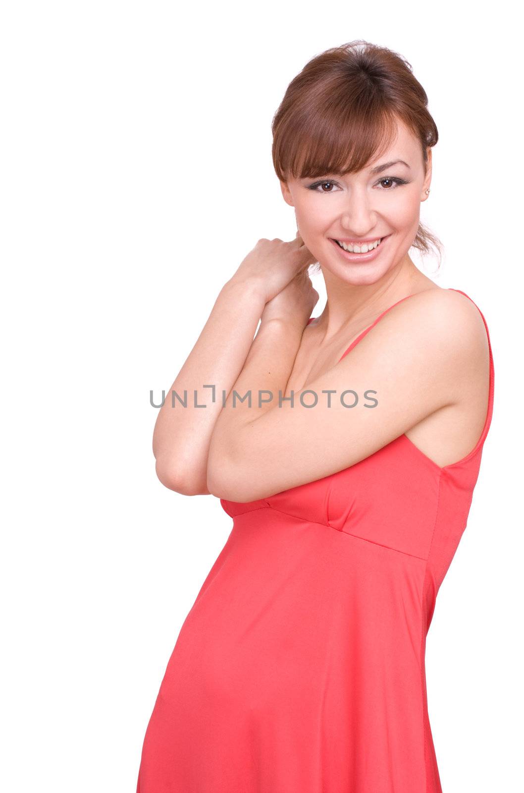 Portrait of a beautiful girl in red dress isolated over white