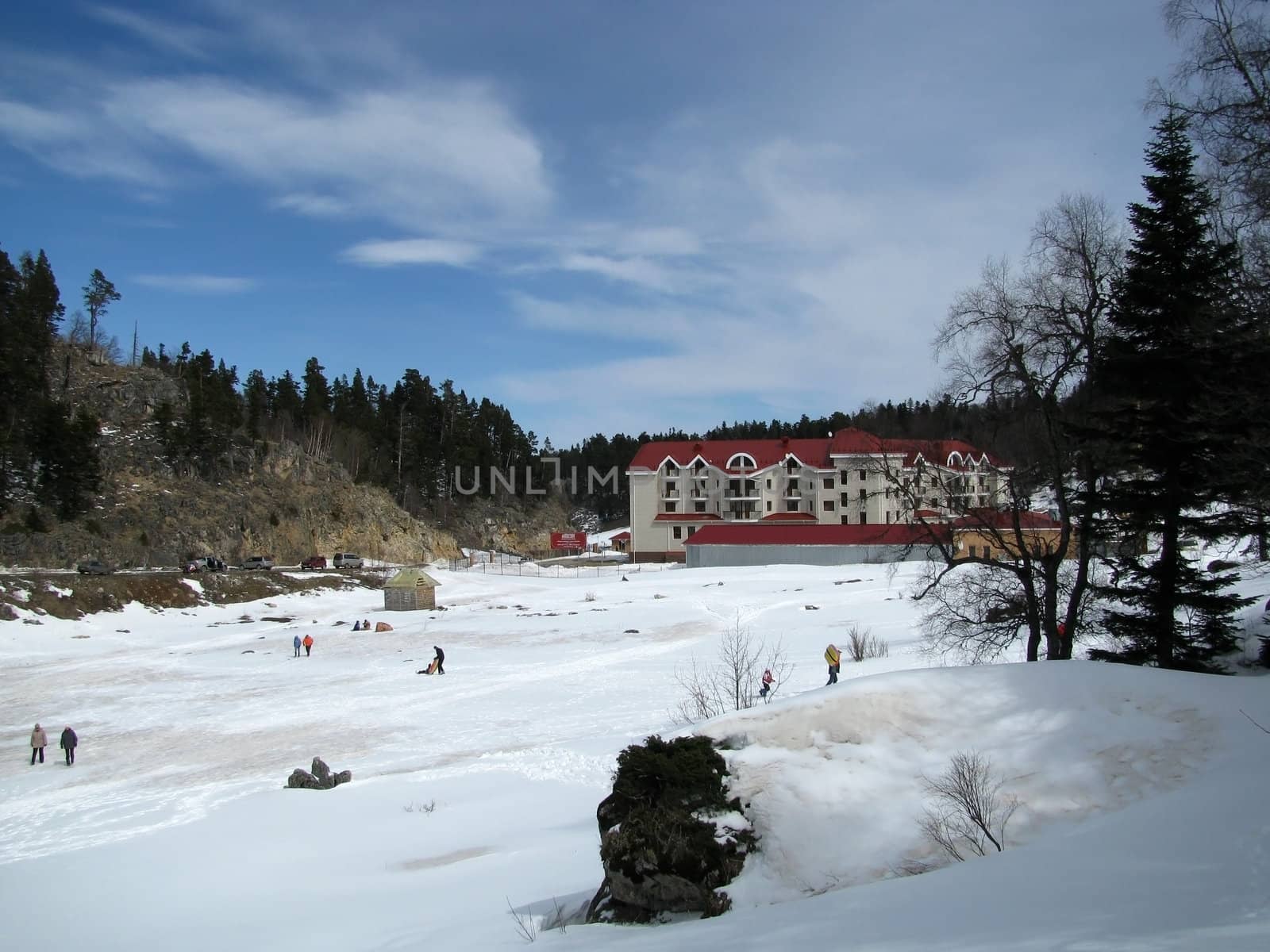 Hotel; a cottage; a complex; a relief; a landscape; a hill; a panorama