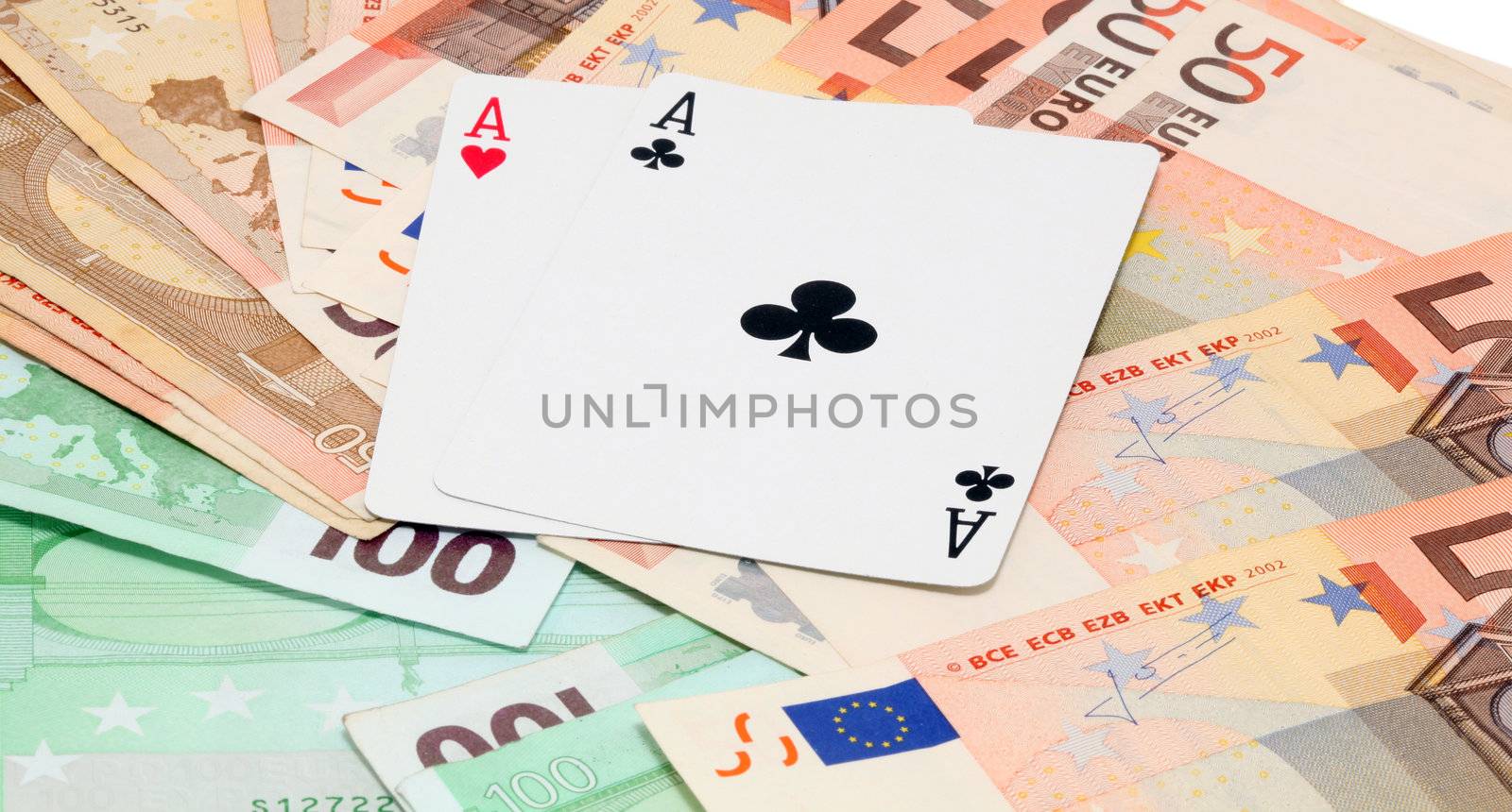 two aces gambling and money with euro banknotes background
