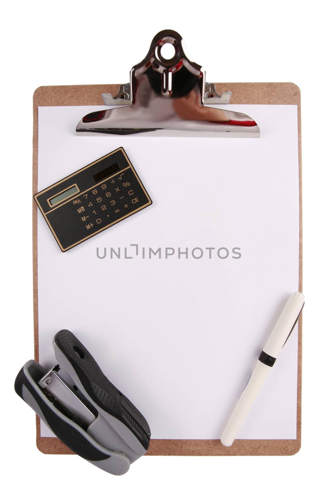 Clipboard with calculator, pen and stapler