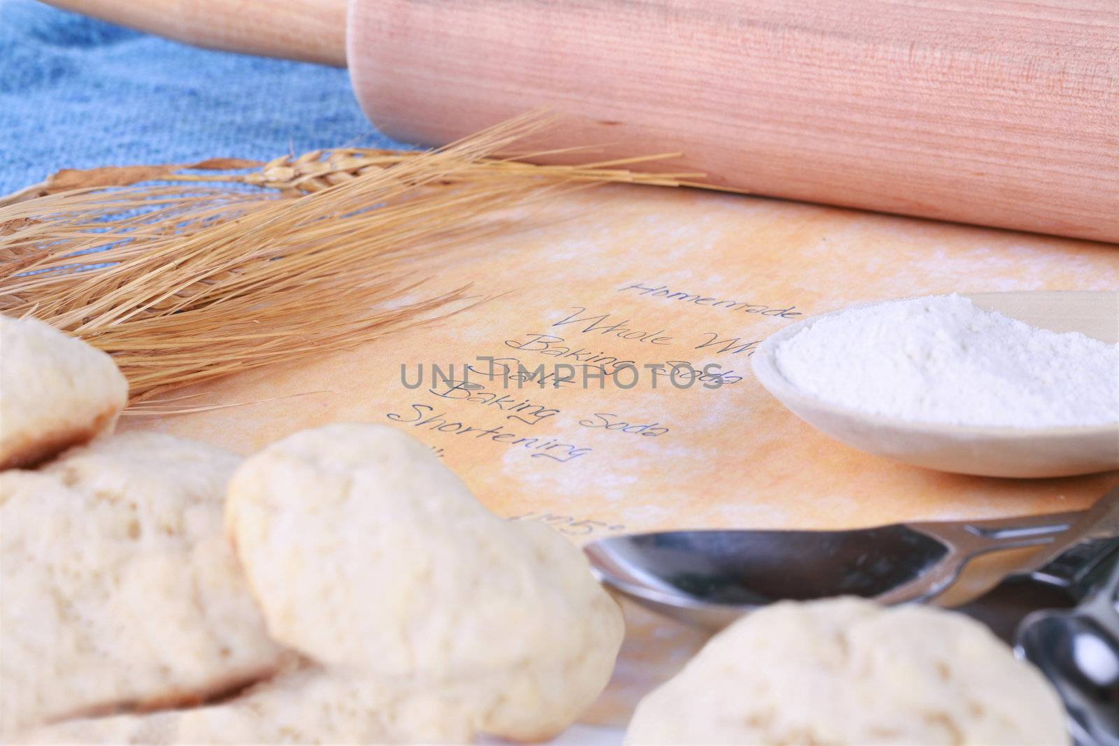 Baking concept, with recipe, flour, rolling pin, wheat