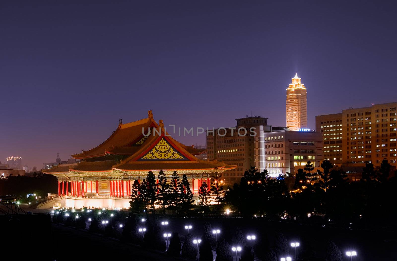 They are Chinese traditional building and modern skyscraper in Taiwan.