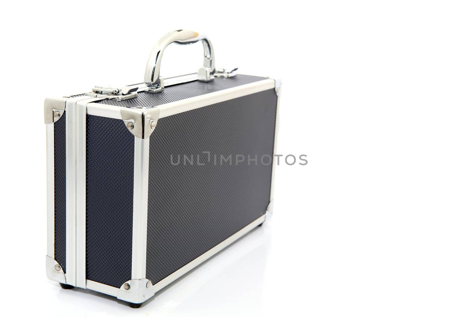  black aluminum briefcase isolated on white background with copyspace