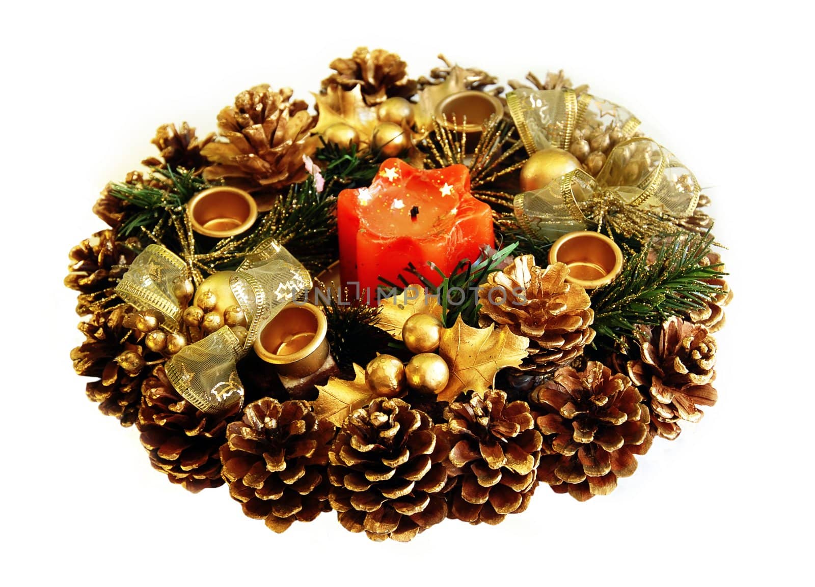 red new year burning candle in gold decoration isolated