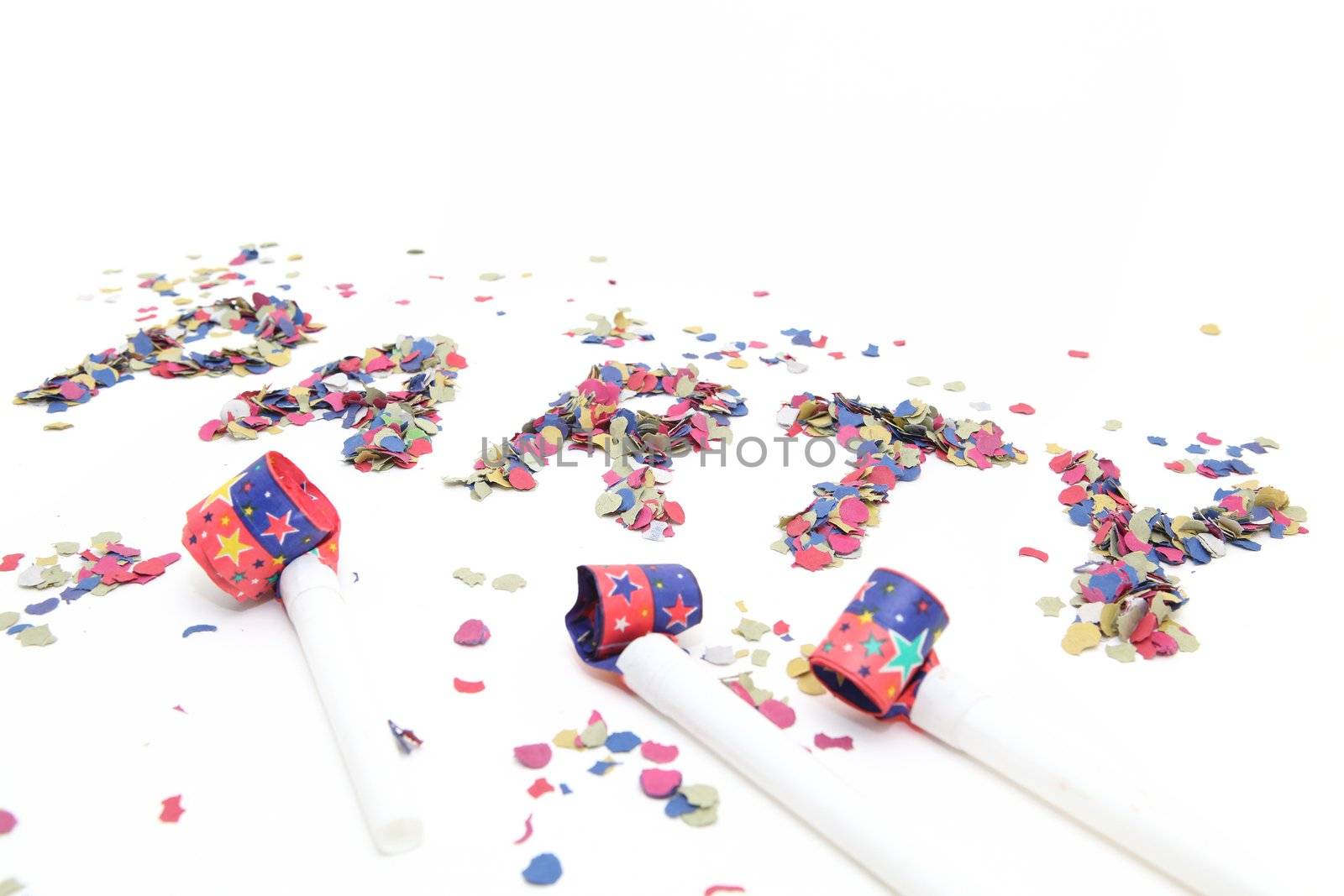 confetti party and blowers with copyspace isolated