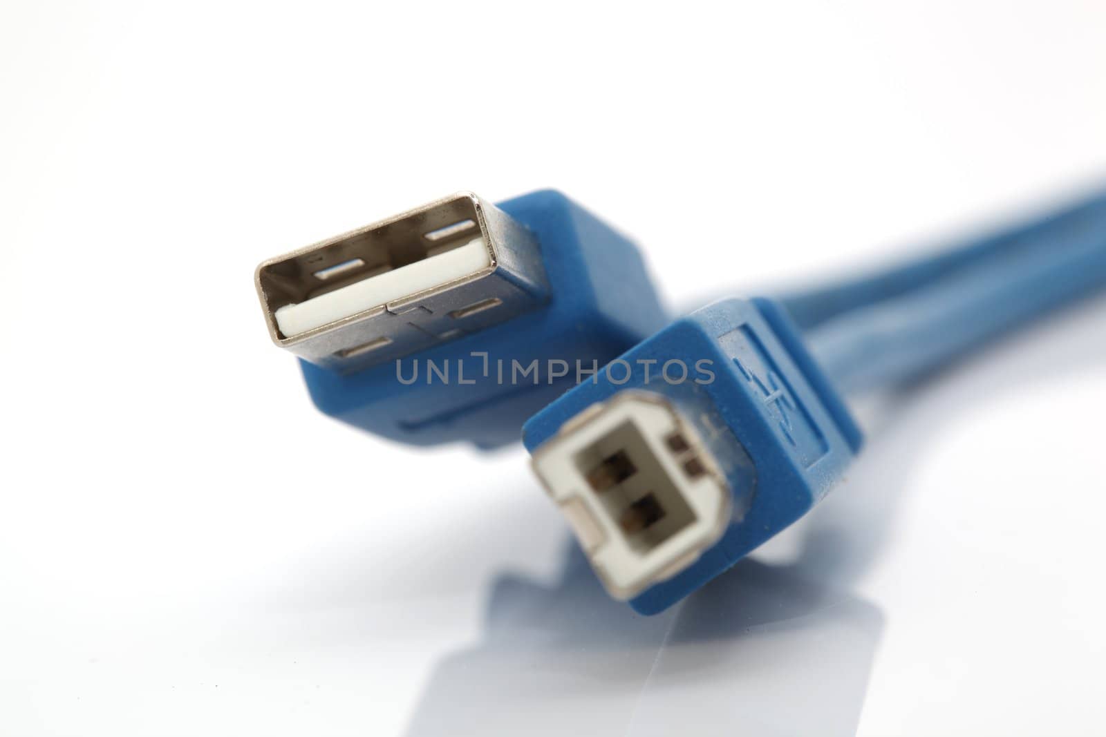 closeup usb connection cables with reflection isolated