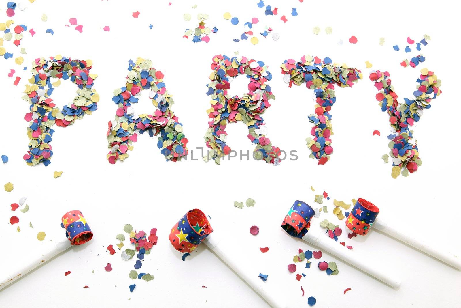 party word with confetti and blowers on white background