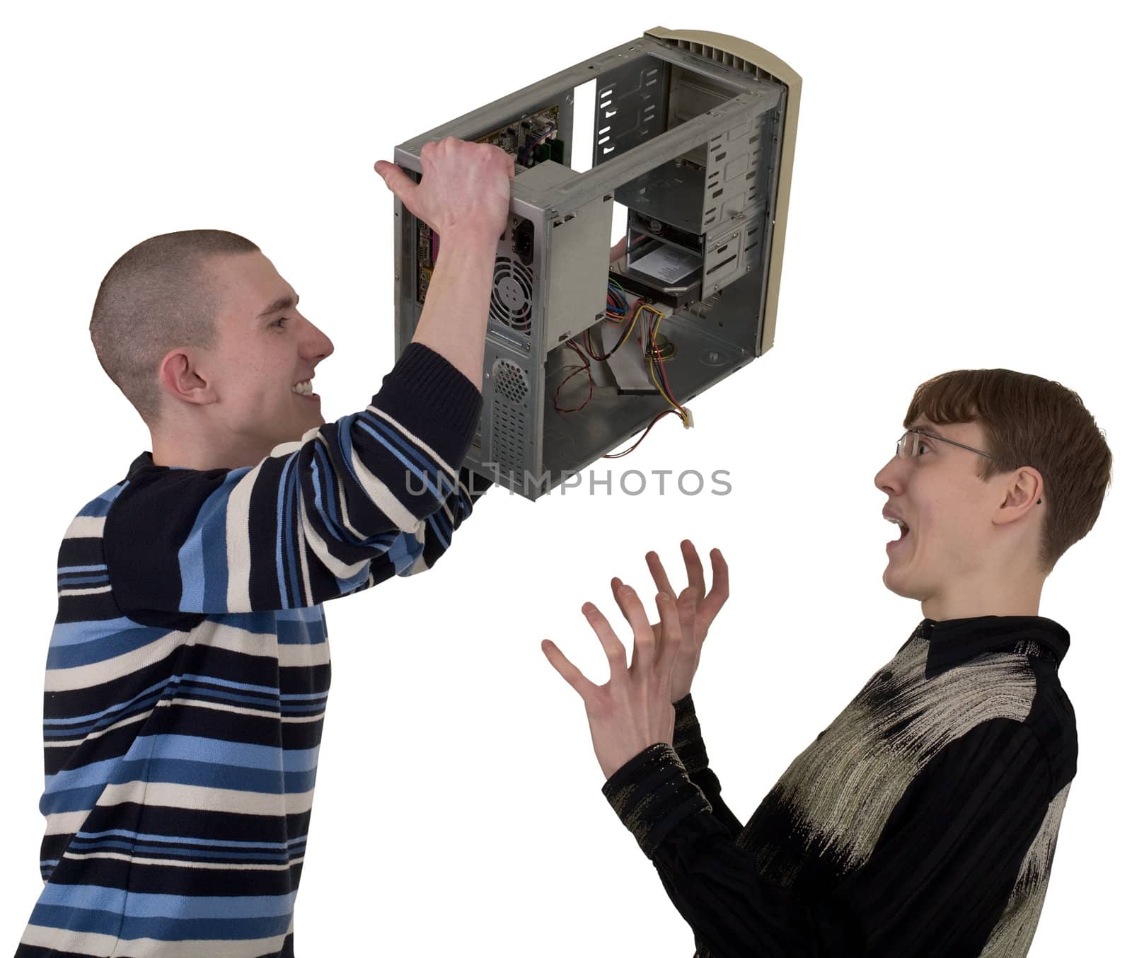 Serviceman covered computer on head of client on white