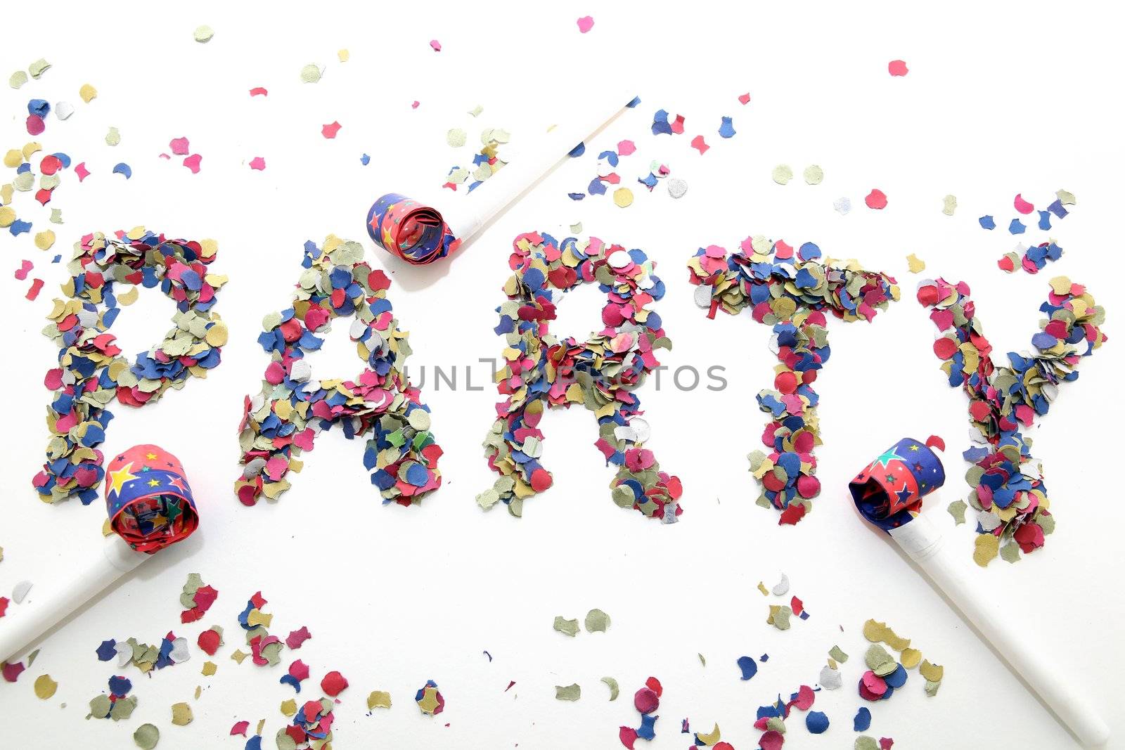 party word with confetti and three blowers on white background