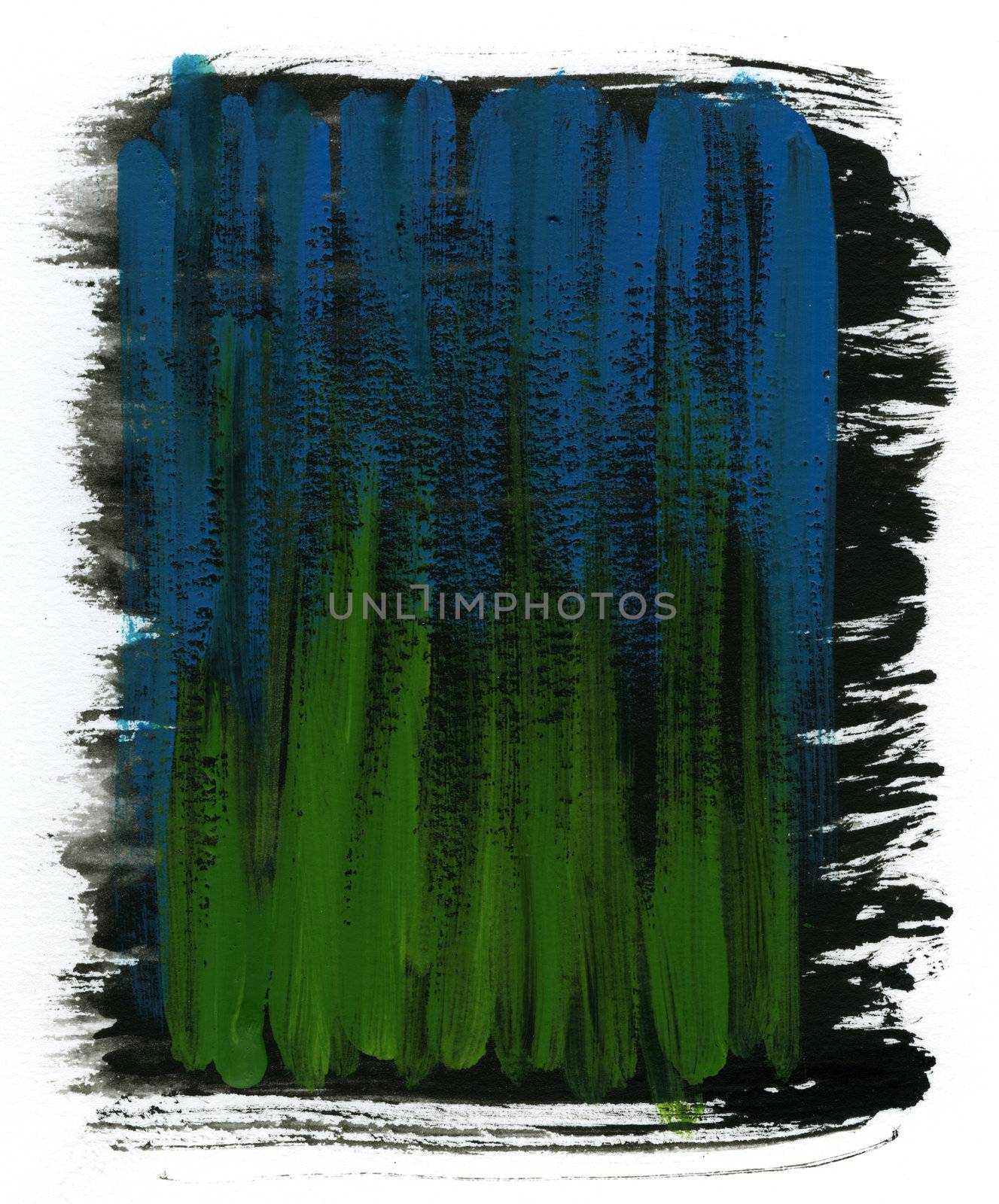 green, blue and black abstract watercolor background with rough edges on white paper
