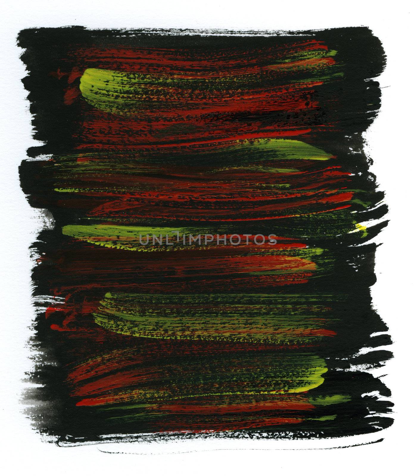 yellow, red and black abstract watercolor background with rough edges on white paper