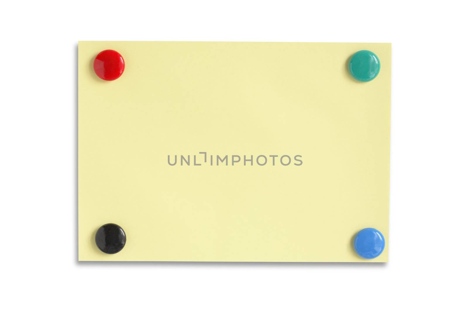 Yellow paper tablet hanging with colored magnets on white background. Clipping path included