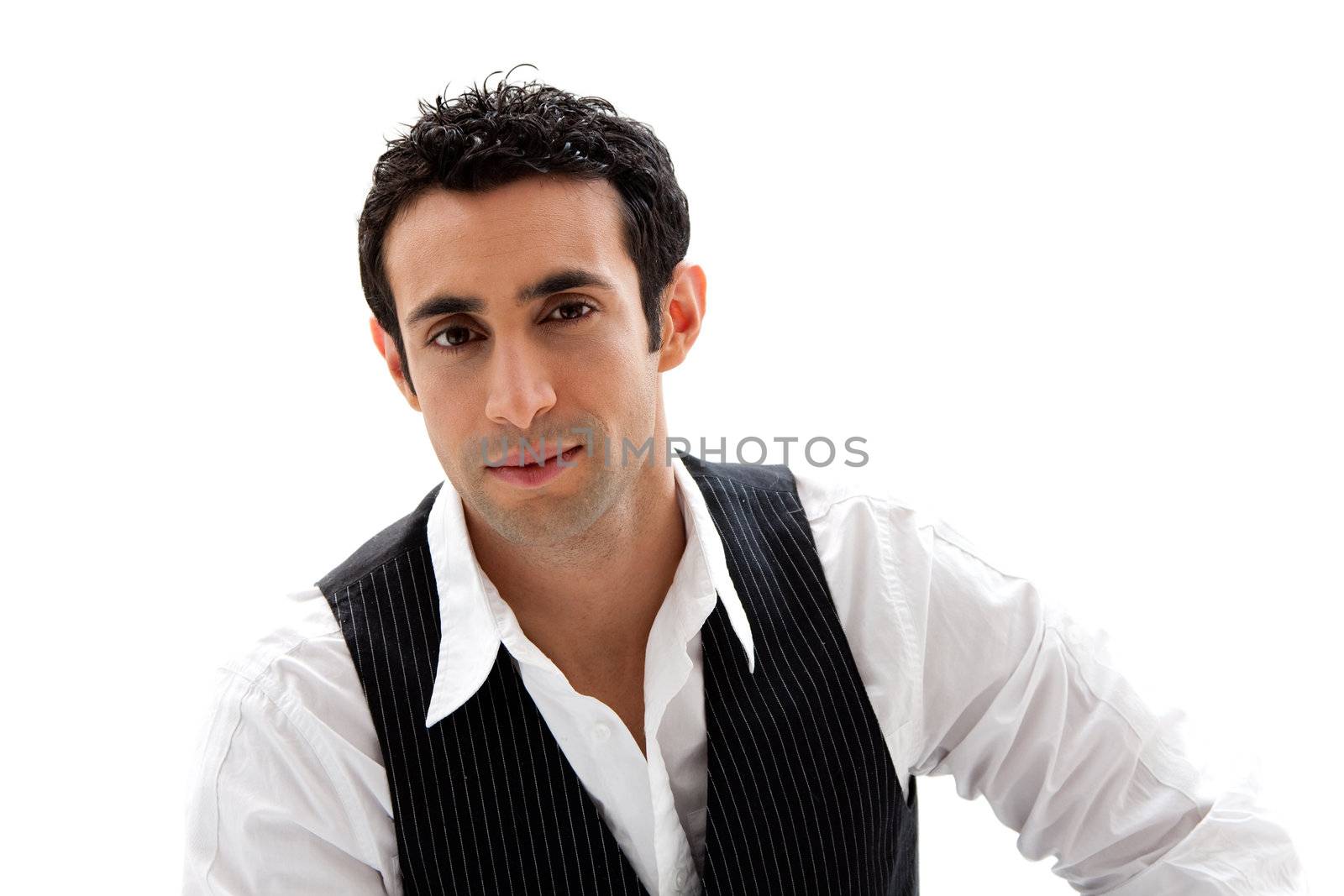 Handsome male wearing a white shirt and black pinstripe vest, isolated