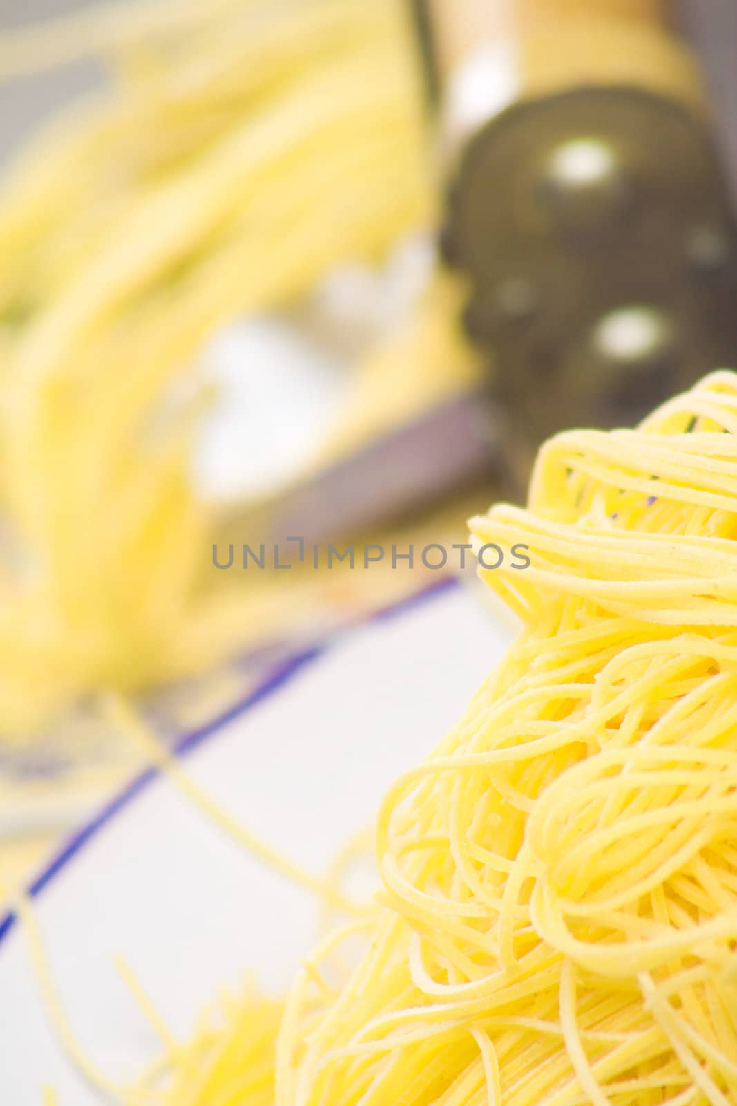 Close up of freshly made raw noodles.