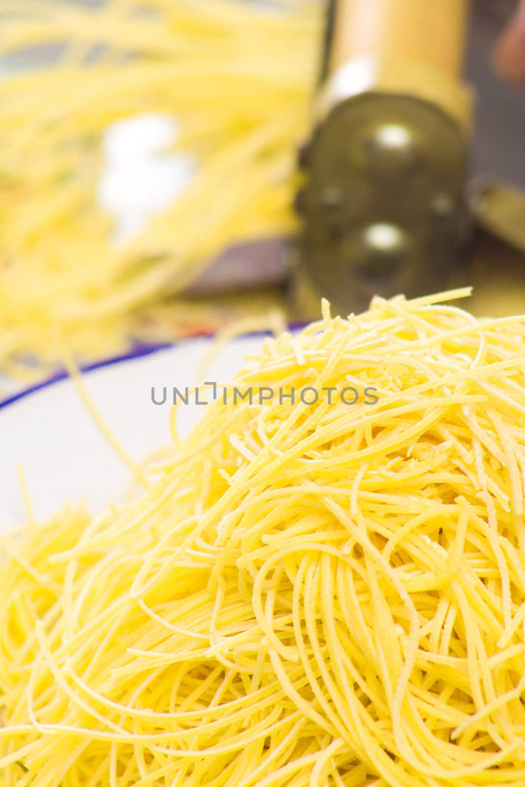 Close up of freshly made raw noodles.