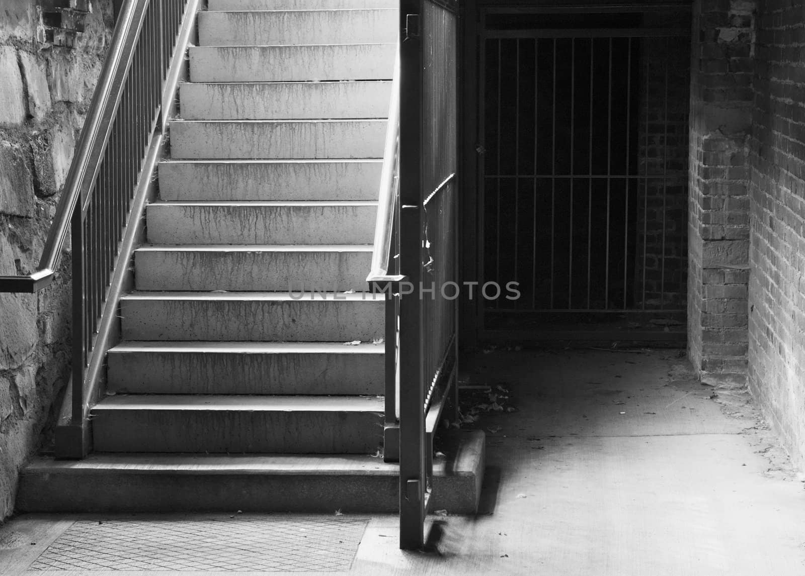 City Cellar Stairs leading down to stone and brick lower level in black and white