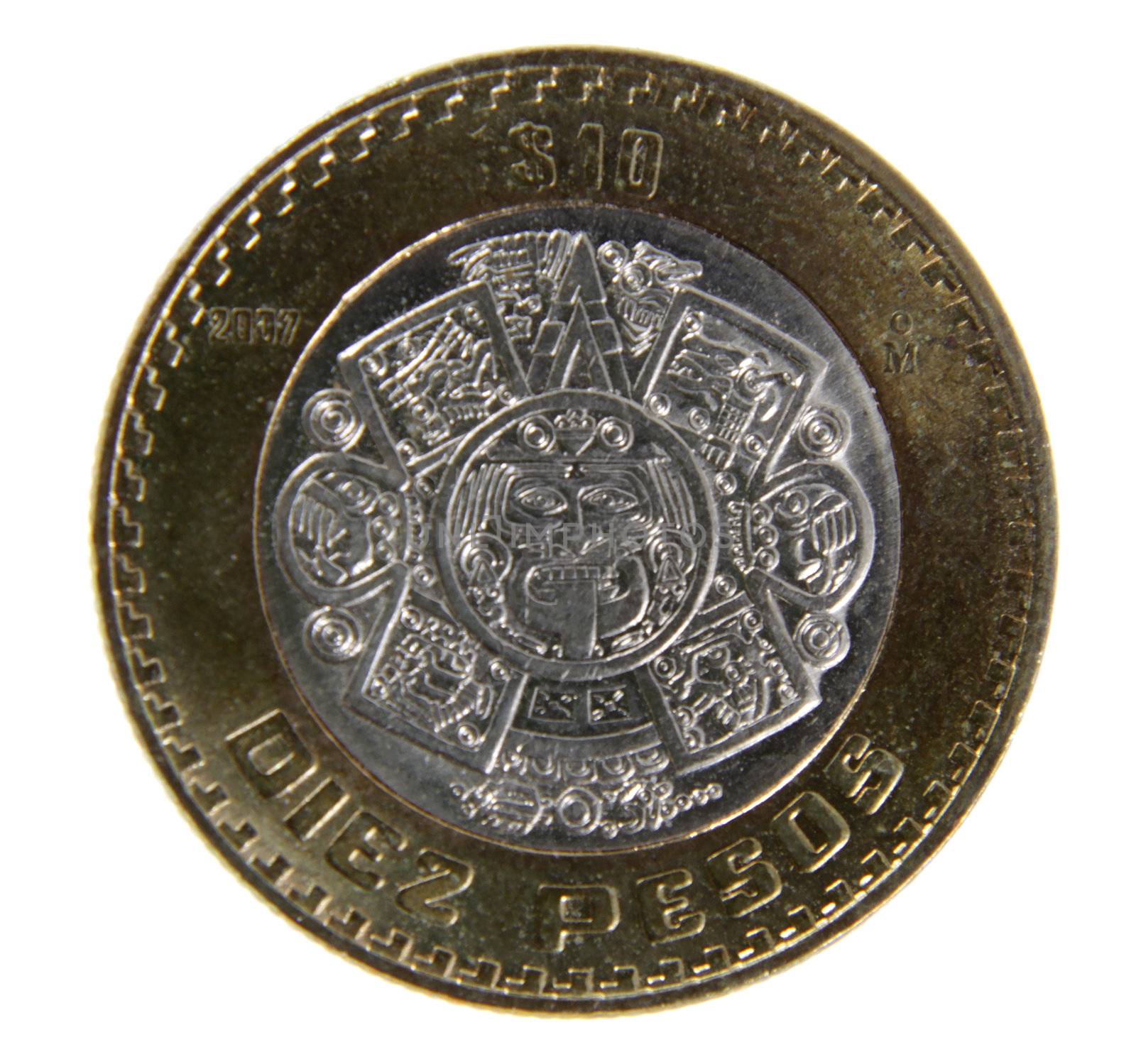 A close-up shot of a Mexican ten peso coin.
