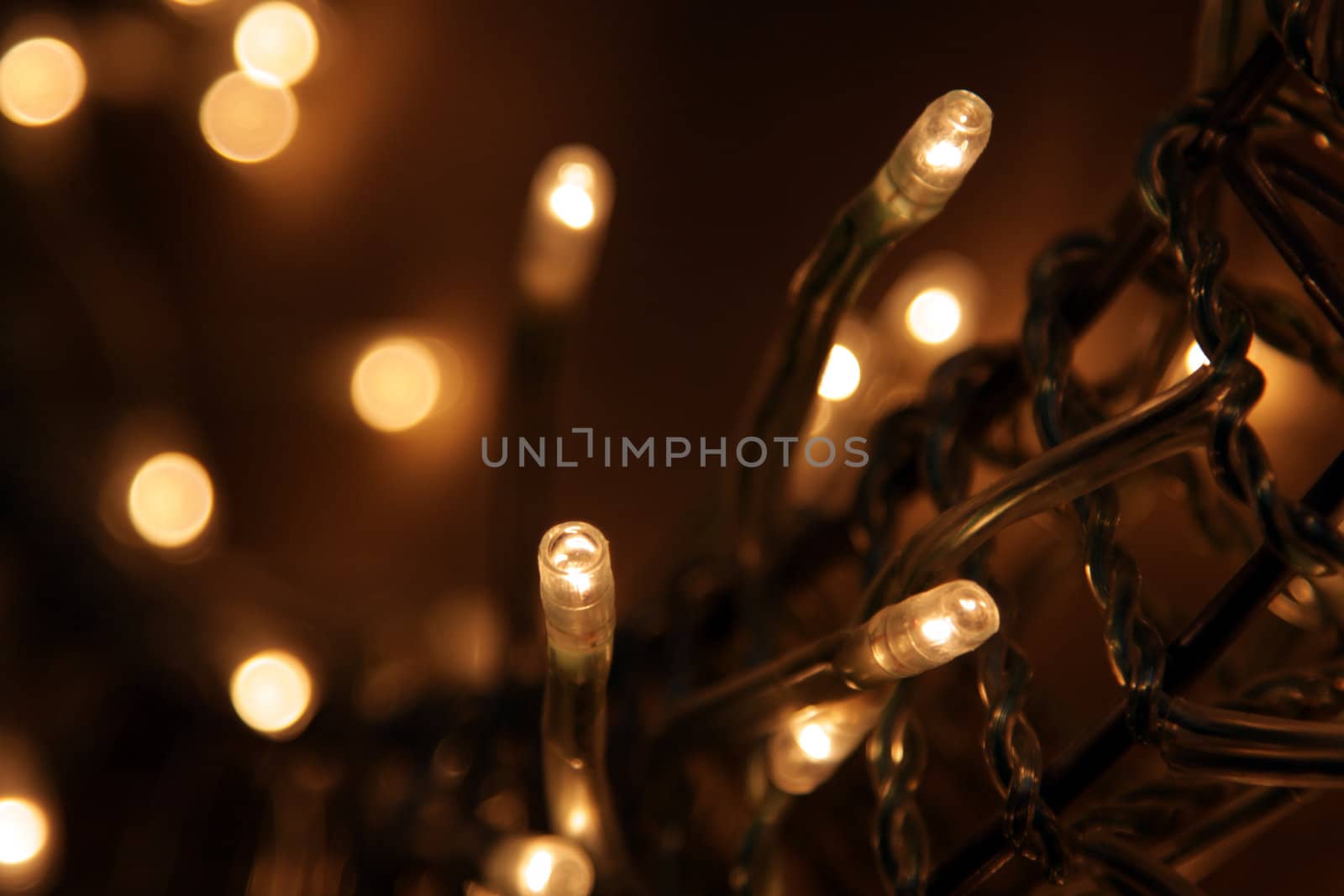 A closeup of bright stringy lights.
