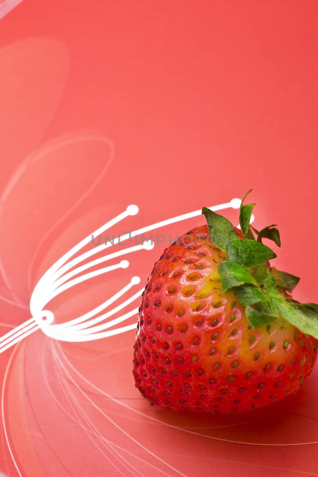 single fresh red strawberry on red background