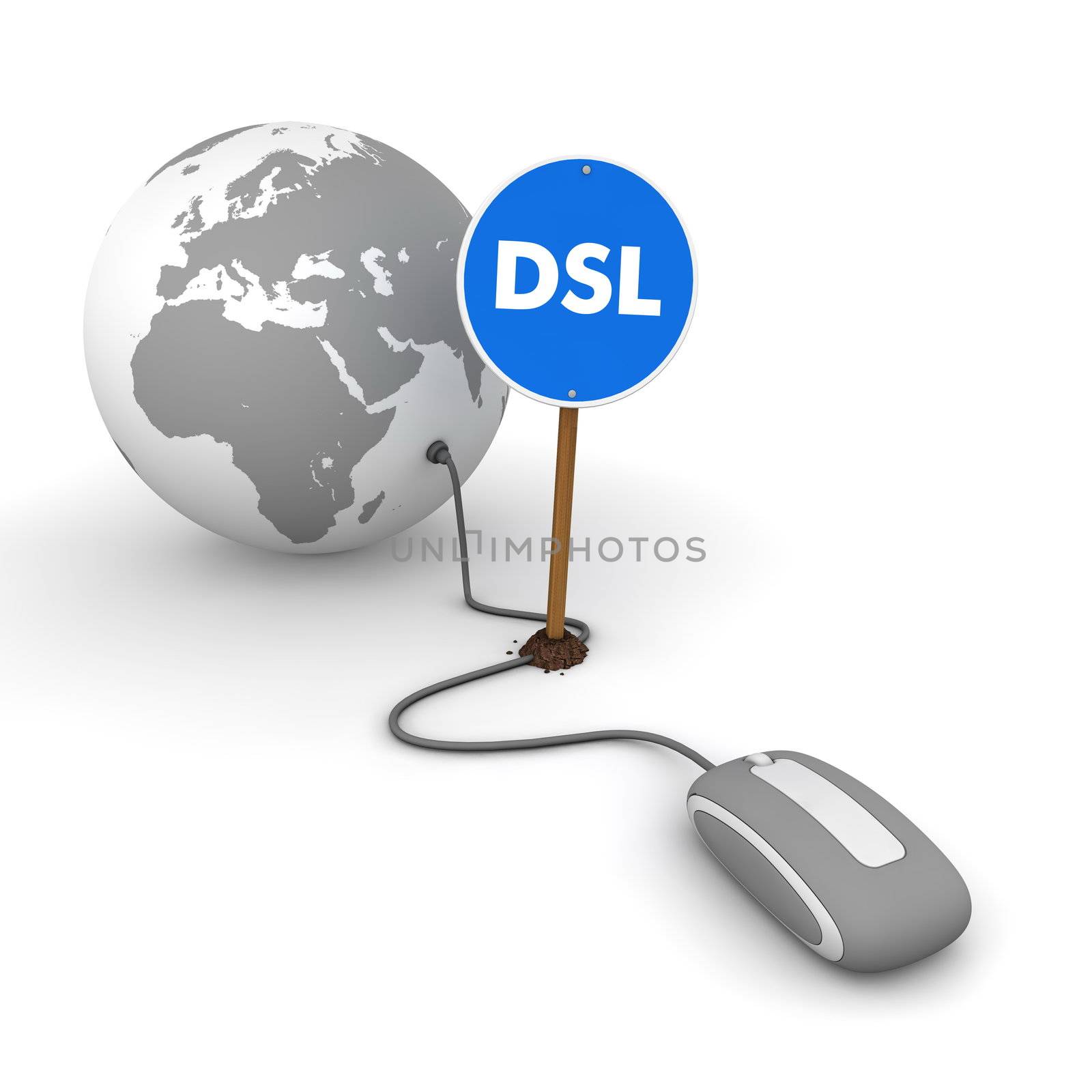 grey computer mouse is connected to a grey globe - surfing and browsing is accompanied by a blue sign with the word "DSL"