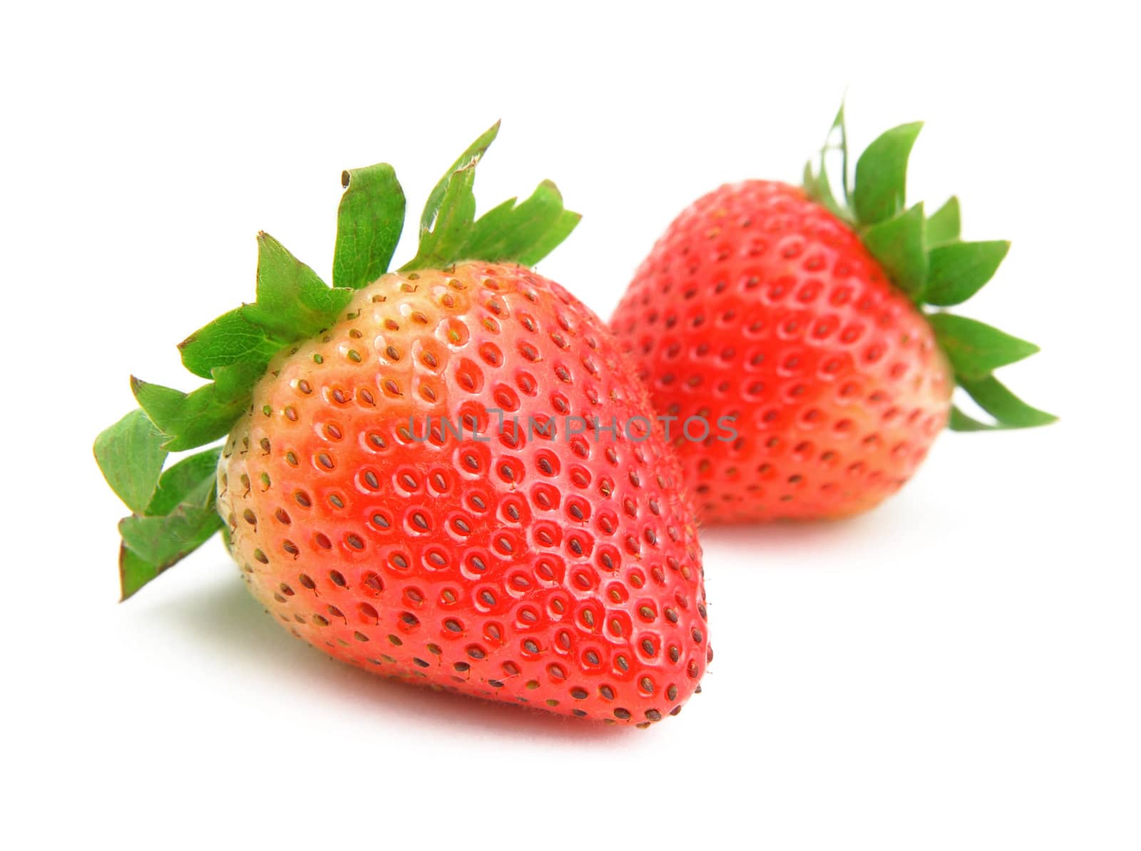 two strawberries on white background