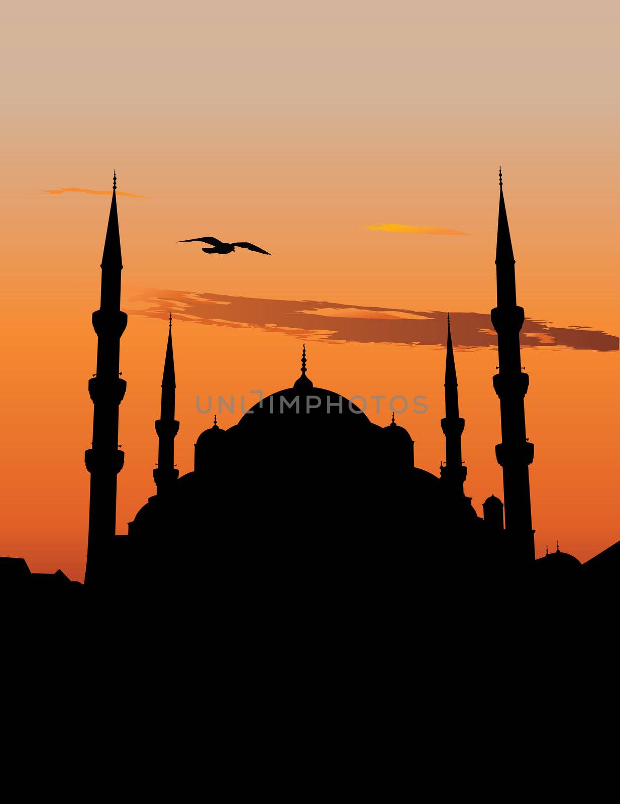 Silhouette of the Sultan Ahmed Mosque or Blue Mosque in Istanbul against sunset sky