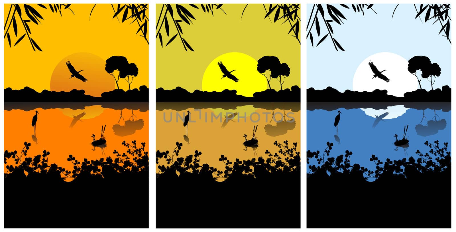 Three different views on a lake sunset background