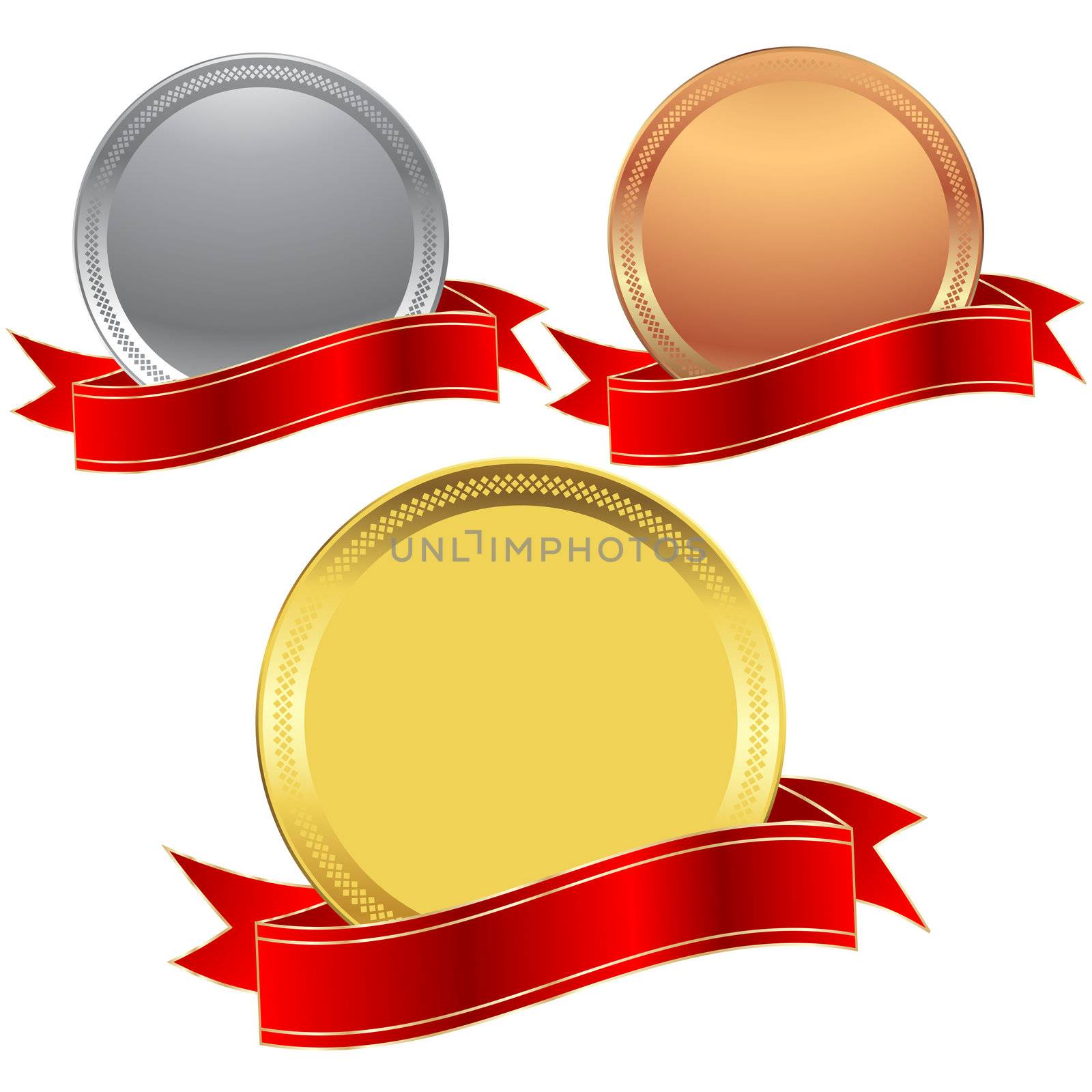 Golden, silver and bronze seal with a red ribbon