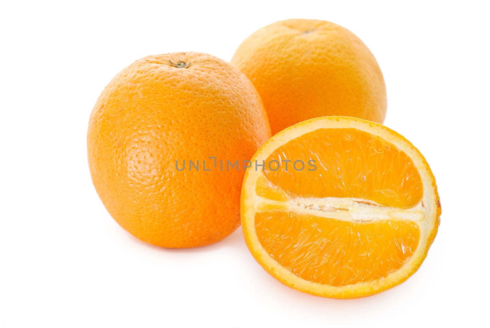 Oranges, diet fruit with juicy and edible snack isolated on white background.