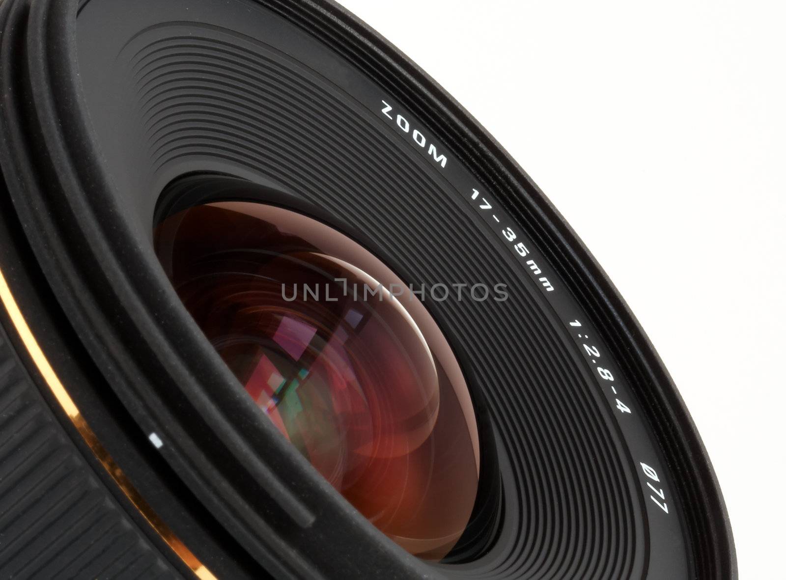 Closeup wide-angle lens for DSLR camera over white background