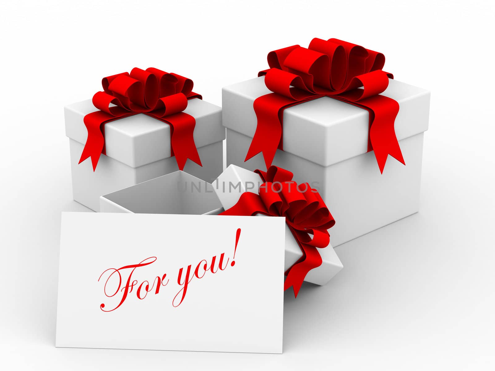 White gift boxs with a card. 3D image