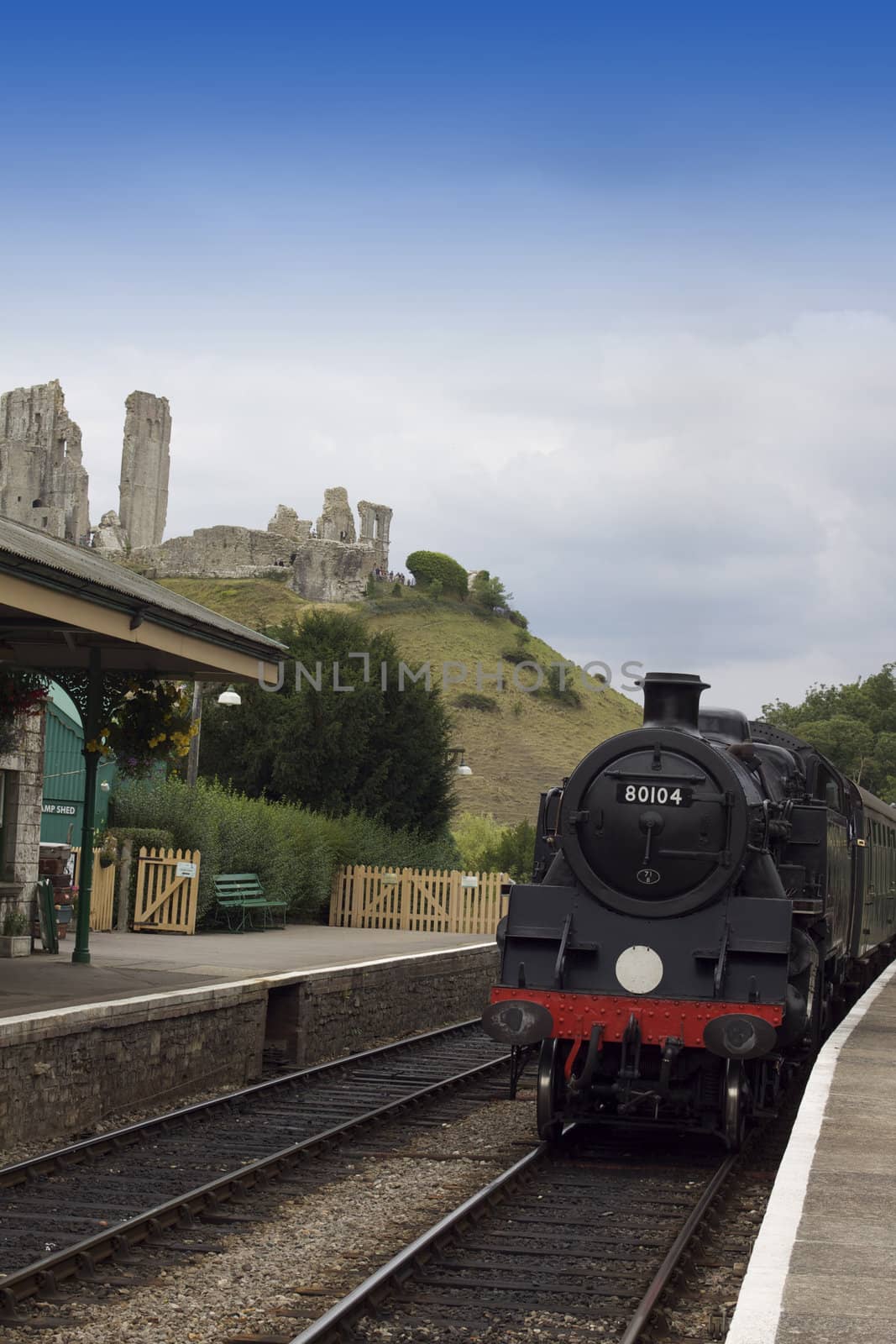 A steam train arriving at Corfe Castle Railway Station, on the Swanage railway service. Located in Dorset, Hampshire. The ruins of Corfe Castle visible in the background.