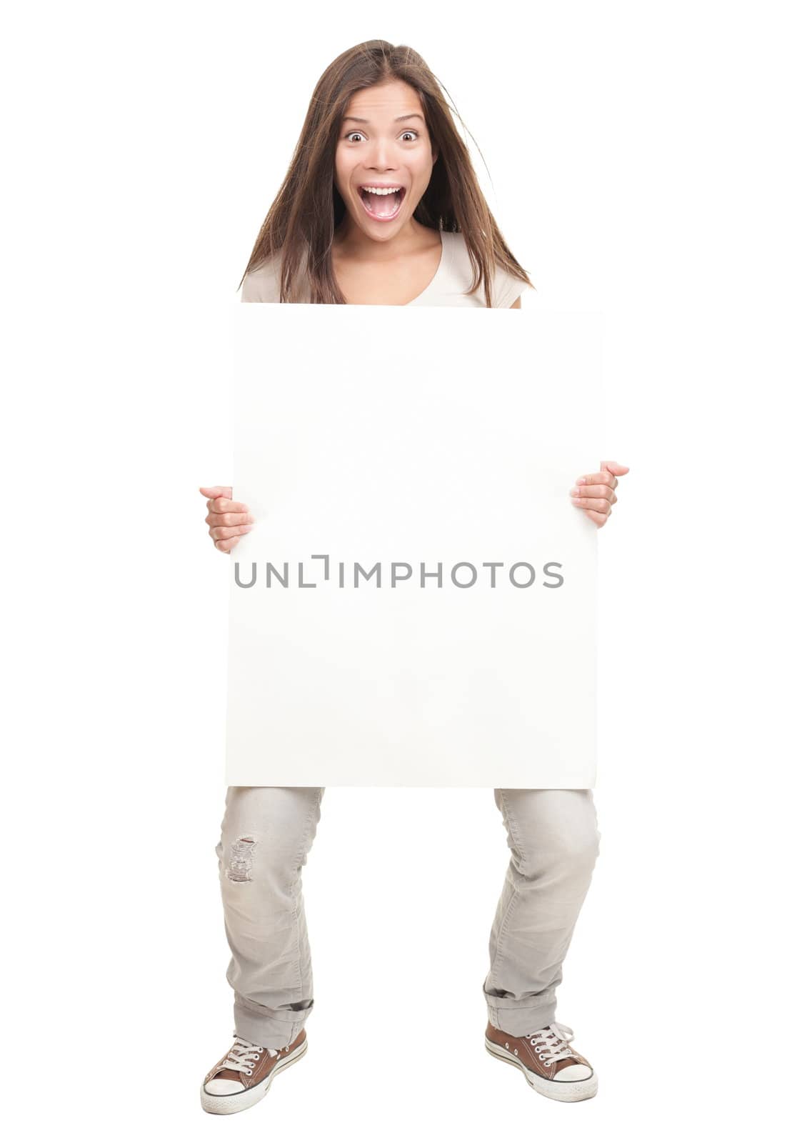 Sign woman - funny and excited woman holding big empty billboard sign. Isolated on white in full body. Beautiful Chinese / white Caucasian young woman. 