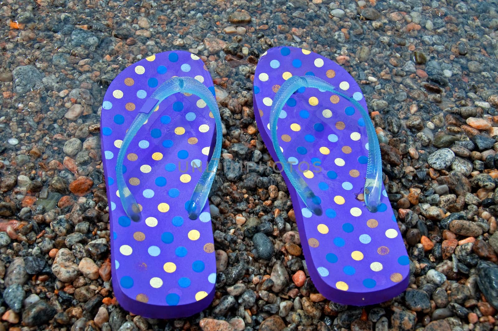 Blue flip flops with polka dots on a rocky beach