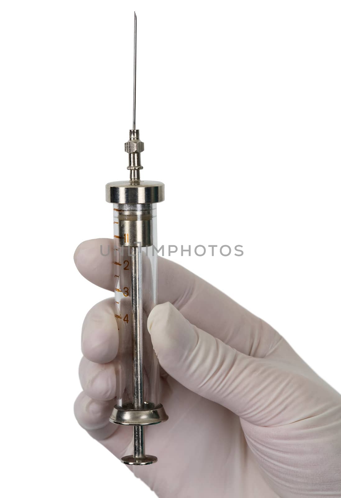 Syringe on hand on the white background