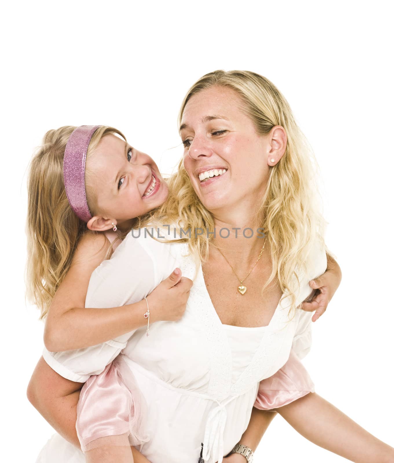 Portrait of happy mother and daughter isolated on white background