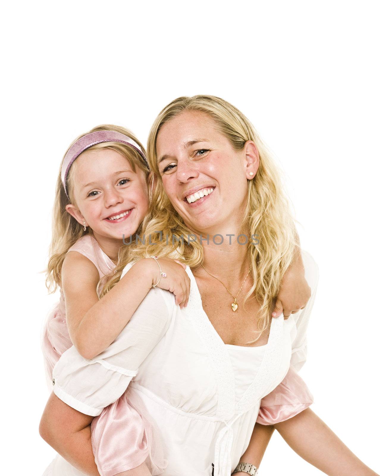Portrait of happy moter and daughter isolated on white background