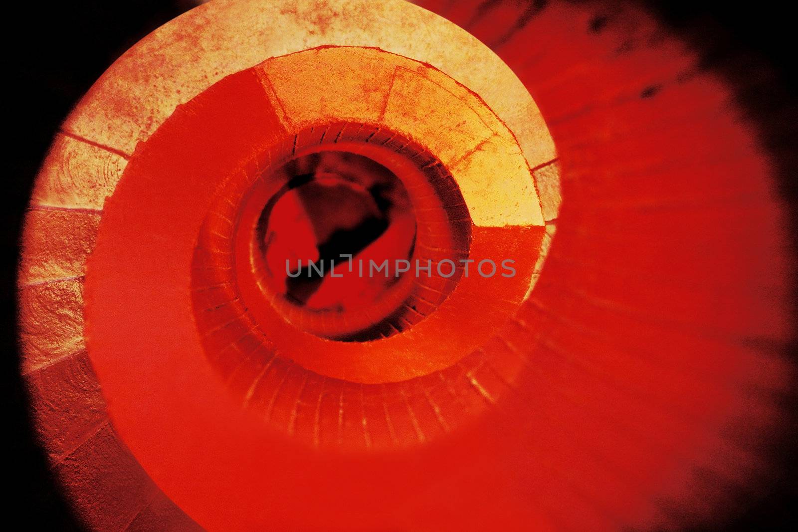 Photo manipulation of a red staircase in a library.