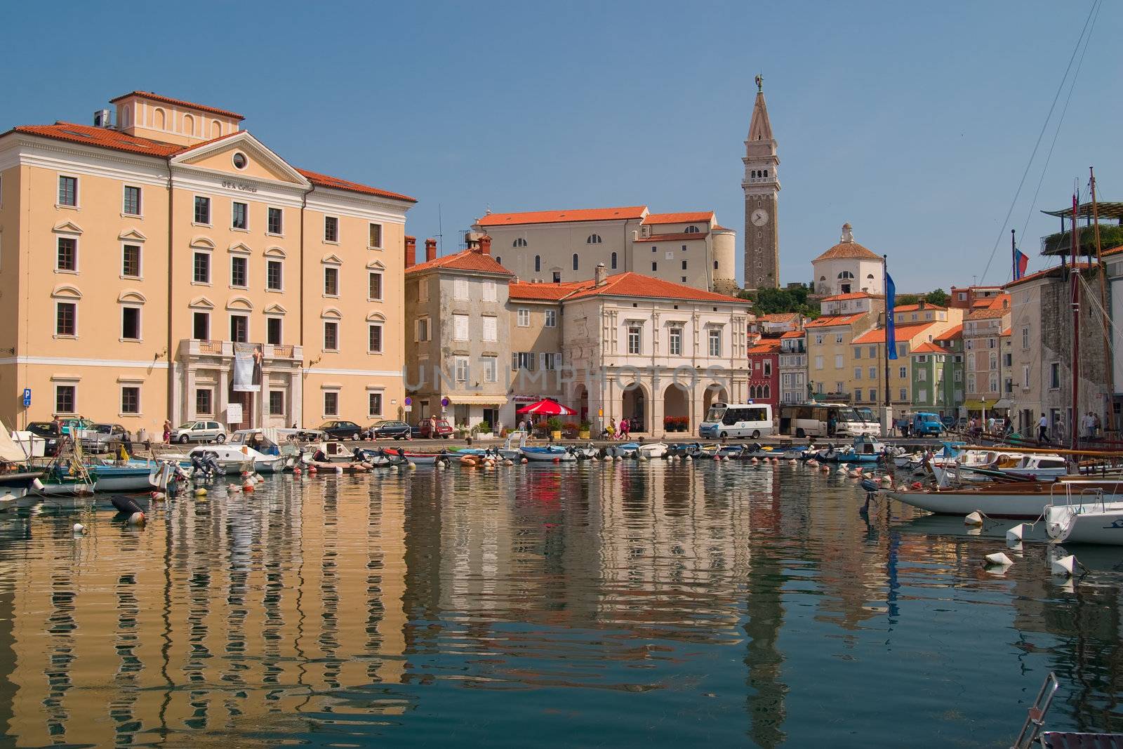 Old coastal city Piran with port in Slovenia.