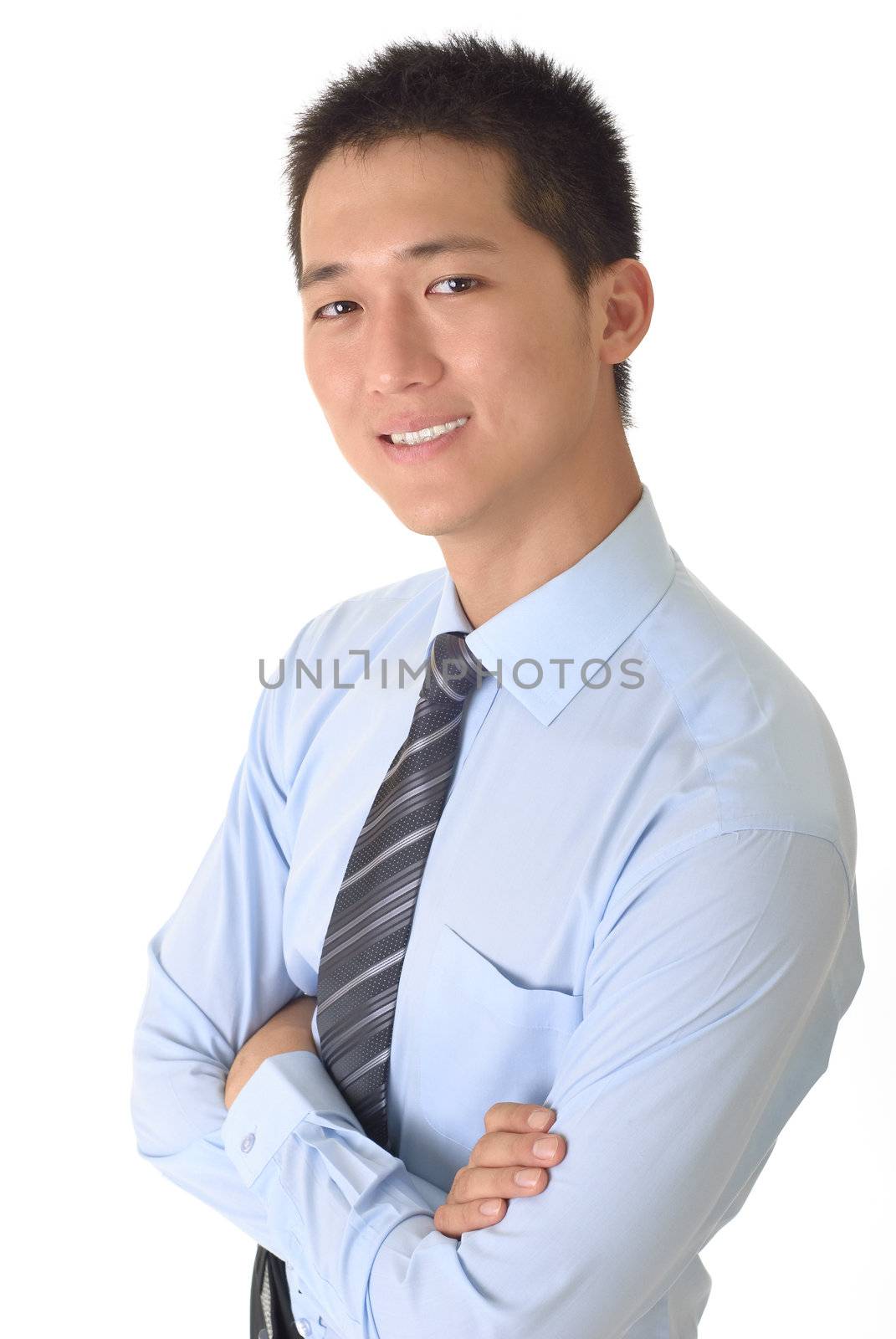 Happy smiling business man of Asian, portrait on white background.