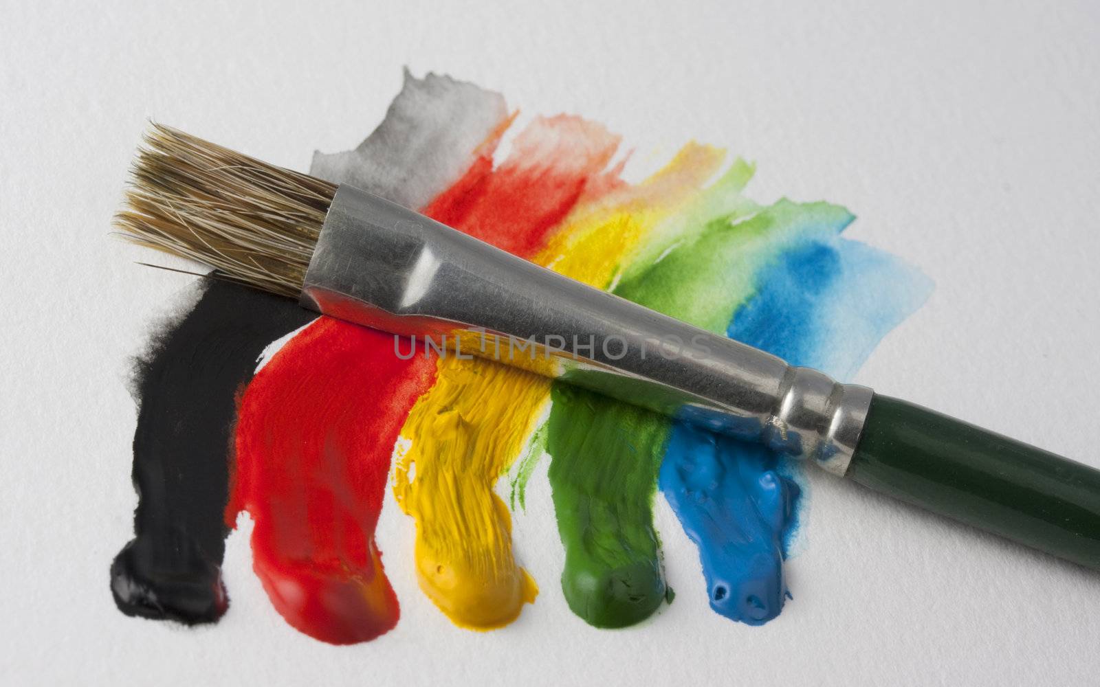 small paintbrush and 5 dabs (black, red, yellow, green, blue) of watercolor paint on white textured paper