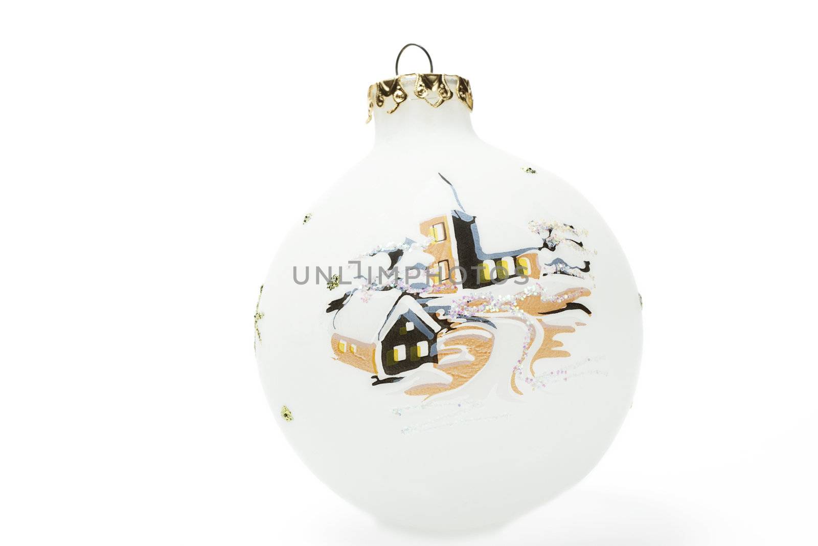 dull christmas ball with village scenic painting on white background