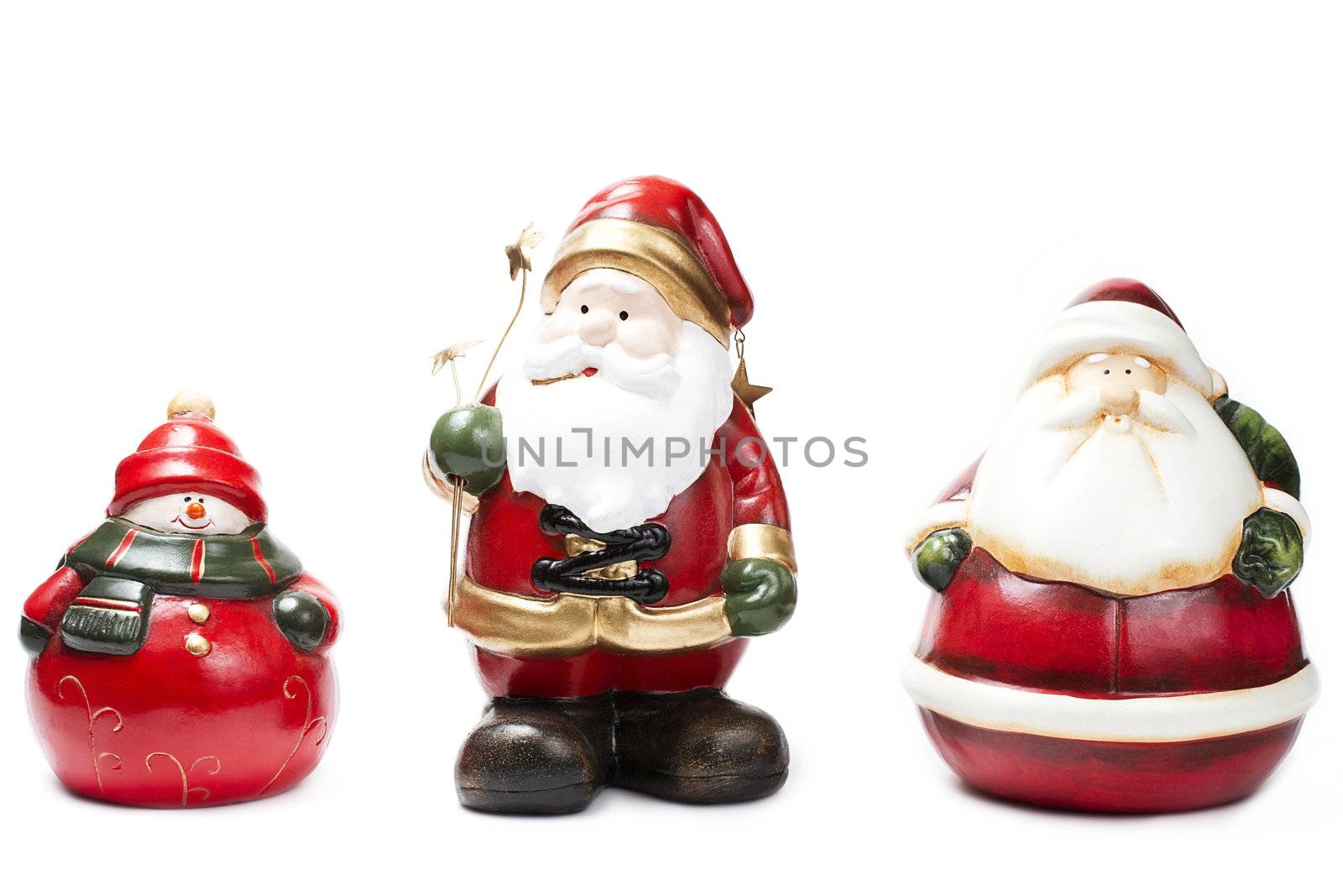 santa, snowman and santa holding stars on white background
