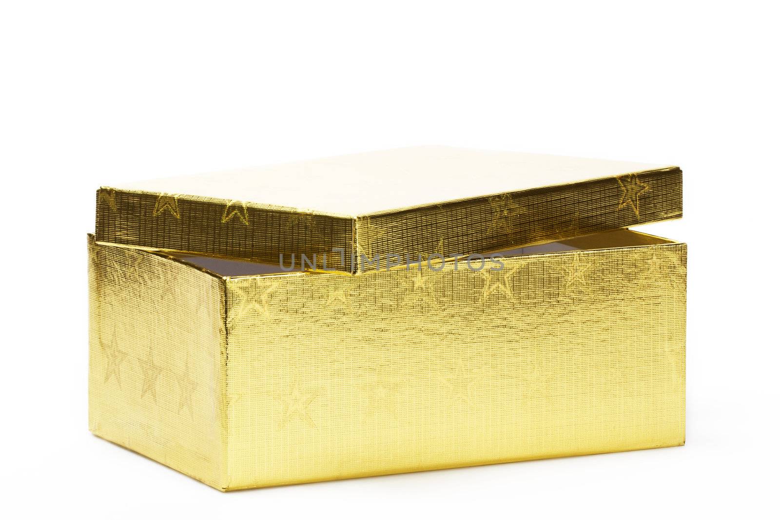 slightly opened golden present box with stars on white background